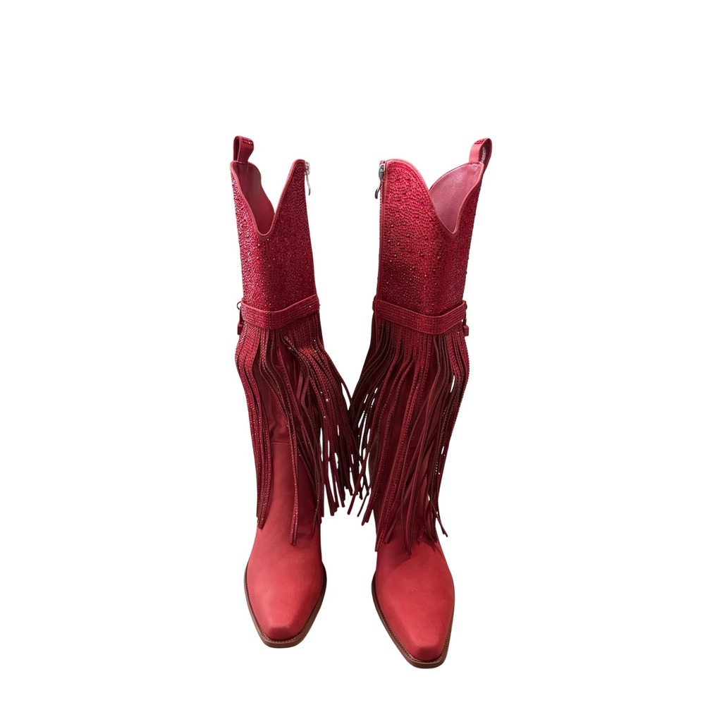 Red Rhinestone Fringe Western Cowgirl Boots Pointed Toe Block Heel Size 8 - Picture 4 of 11